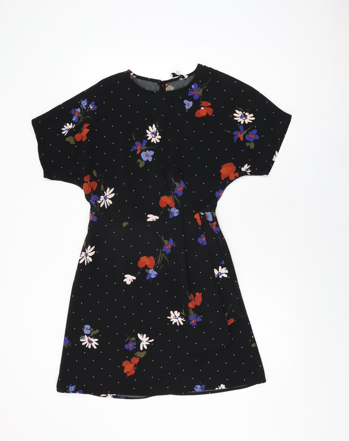Warehouse Womens Black Floral Polyester Mini Size 6 Round Neck Zip