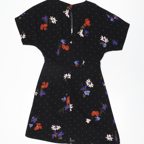 Warehouse Womens Black Floral Polyester Mini Size 6 Round Neck Zip