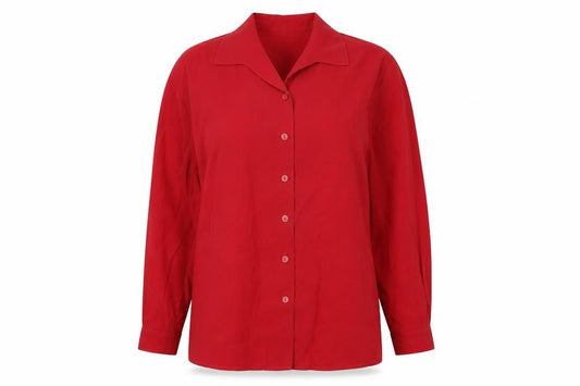 Front view of Canda women’s red viscose basic button-up, size UK 12, collared