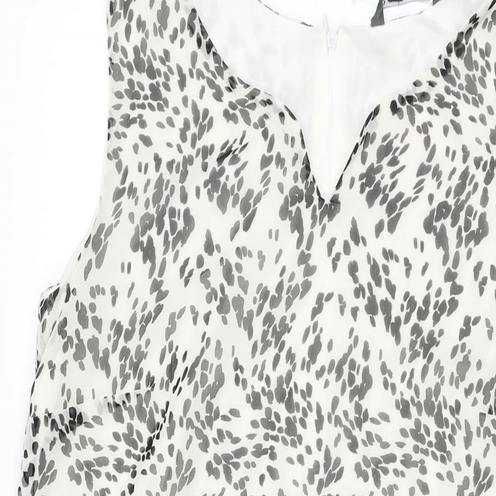 Bonmarché Womens White Geometric Polyester Shift Size 14 V-Neck Zip