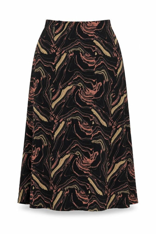 Front view of Very women’s black geometric viscose swing skirt, size UK 10