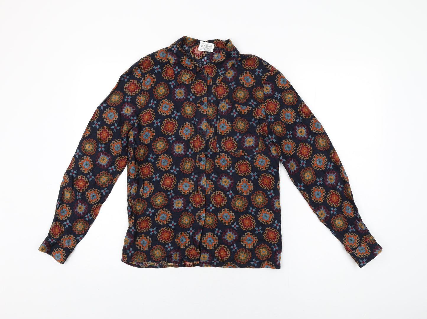 Alexon Womens Blue Geometric Viscose Basic Button-Up Size 8 Collared