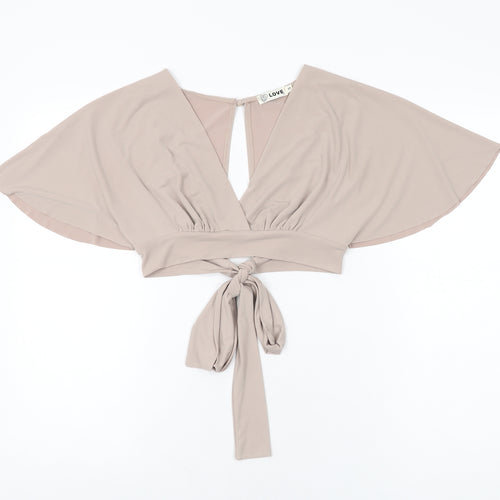 Love Womens Beige Polyester Cropped T-Shirt Size S V-Neck