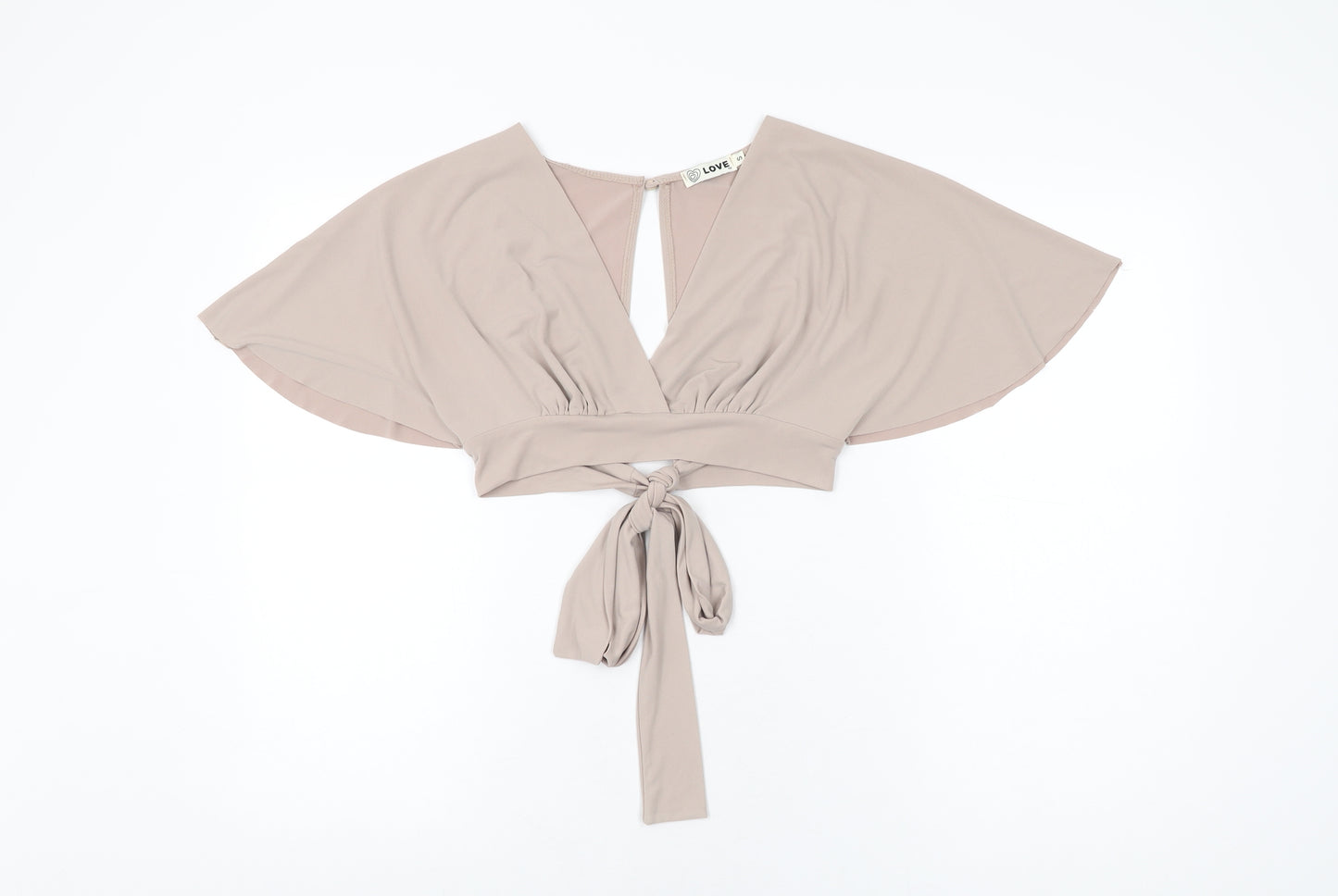 Love Womens Beige Polyester Cropped T-Shirt Size S V-Neck