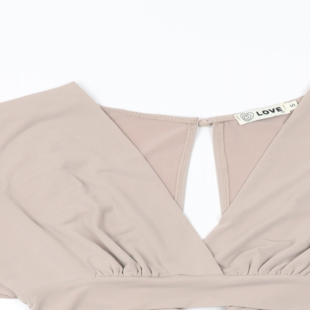 Love Womens Beige Polyester Cropped T-Shirt Size S V-Neck