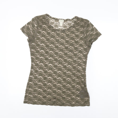 H&M Womens Green Floral Polyester Basic T-Shirt Size M Round Neck
