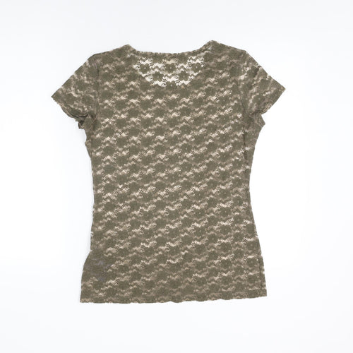 H&M Womens Green Floral Polyester Basic T-Shirt Size M Round Neck