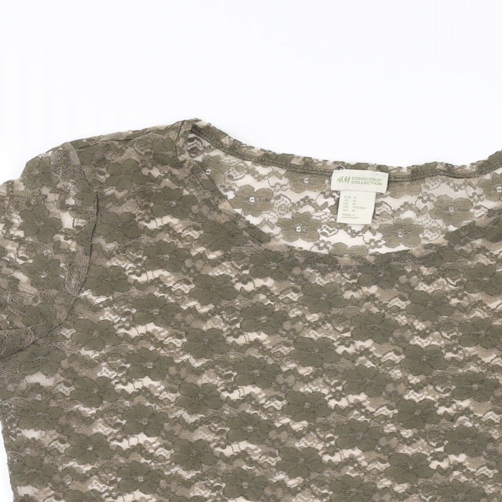 H&M Womens Green Floral Polyester Basic T-Shirt Size M Round Neck