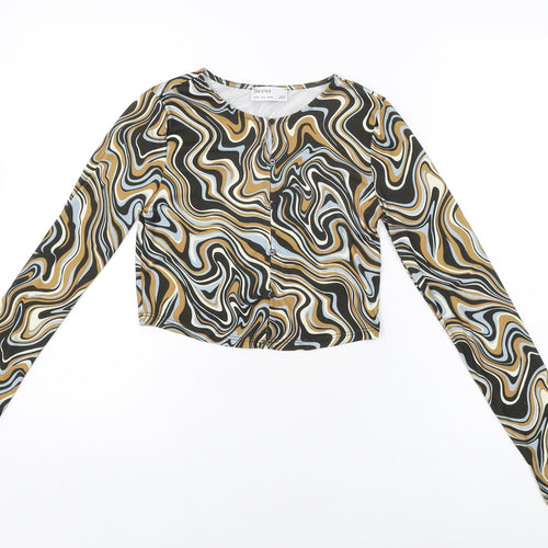 Bershka Womens Multicoloured Geometric Polyester Basic Button-Up Size S Round Neck