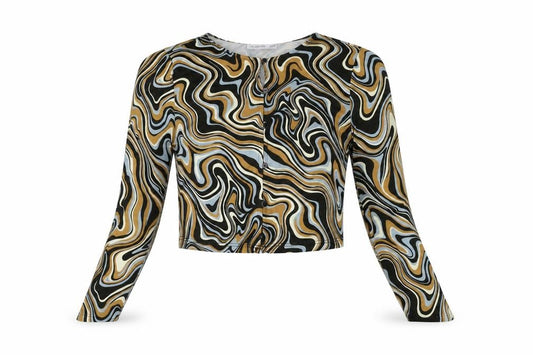 Front view of Bershka women’s multicoloured geometric polyester basic button-up, size S, round neck