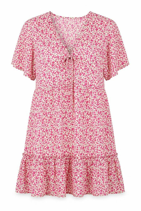 Front view of In the Style women’s pink floral polyester shift, size UK 12, v-neck zip
