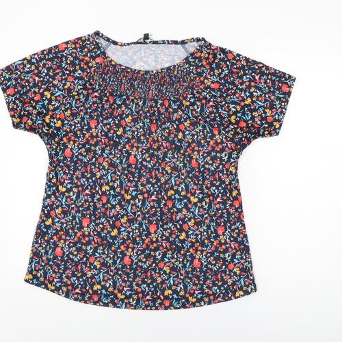 Bonmarché Womens Blue Floral Polyester Basic T-Shirt Size 14 Round Neck