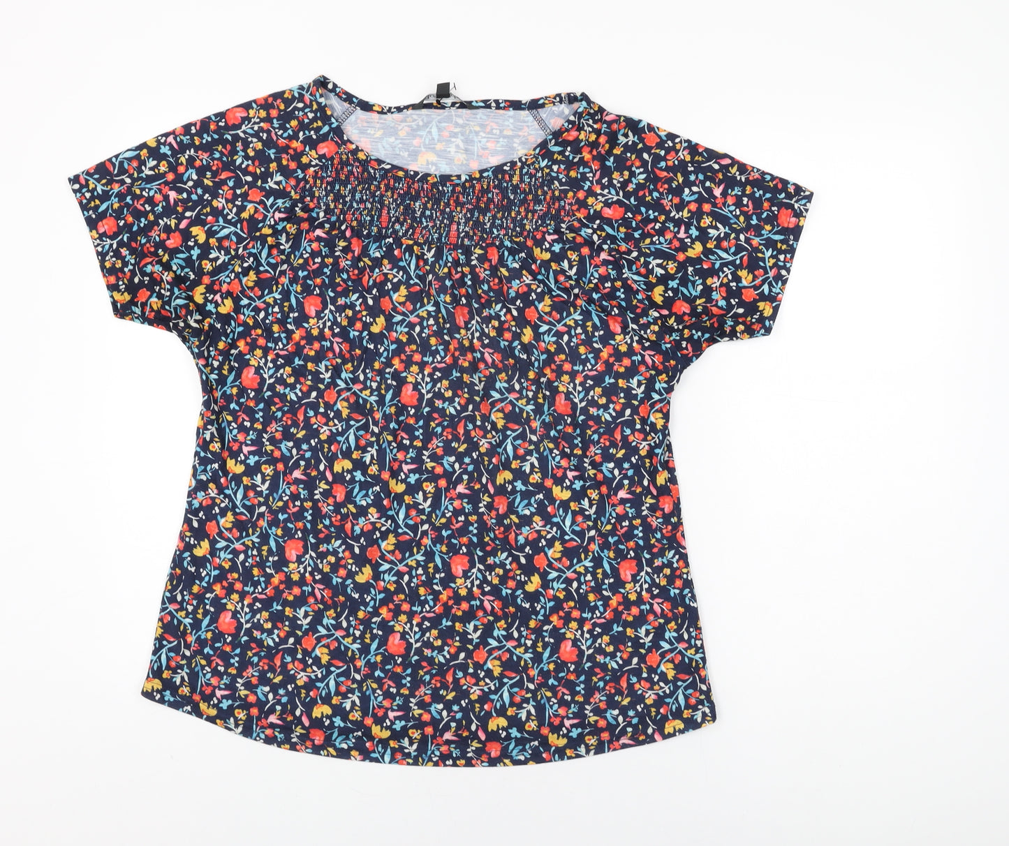 Bonmarché Womens Blue Floral Polyester Basic T-Shirt Size 14 Round Neck