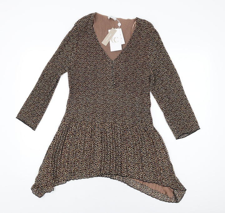 Country Casuals Womens Brown Geometric Polyester Basic T-Shirt Size XL V-Neck