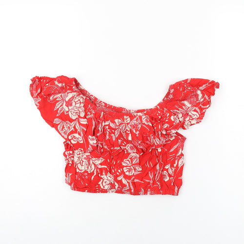 New Look Womens Red Floral Viscose Cropped T-Shirt Size 6 Off the Shoulder