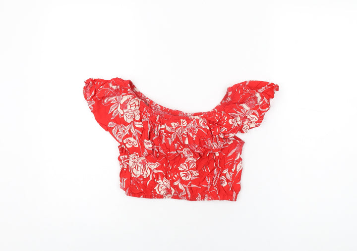 New Look Womens Red Floral Viscose Cropped T-Shirt Size 6 Off the Shoulder