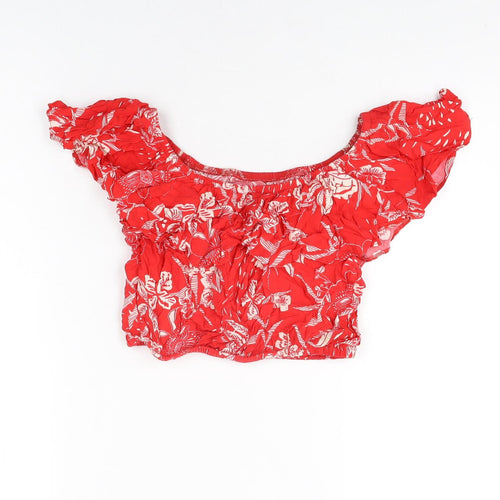 New Look Womens Red Floral Viscose Cropped T-Shirt Size 6 Off the Shoulder