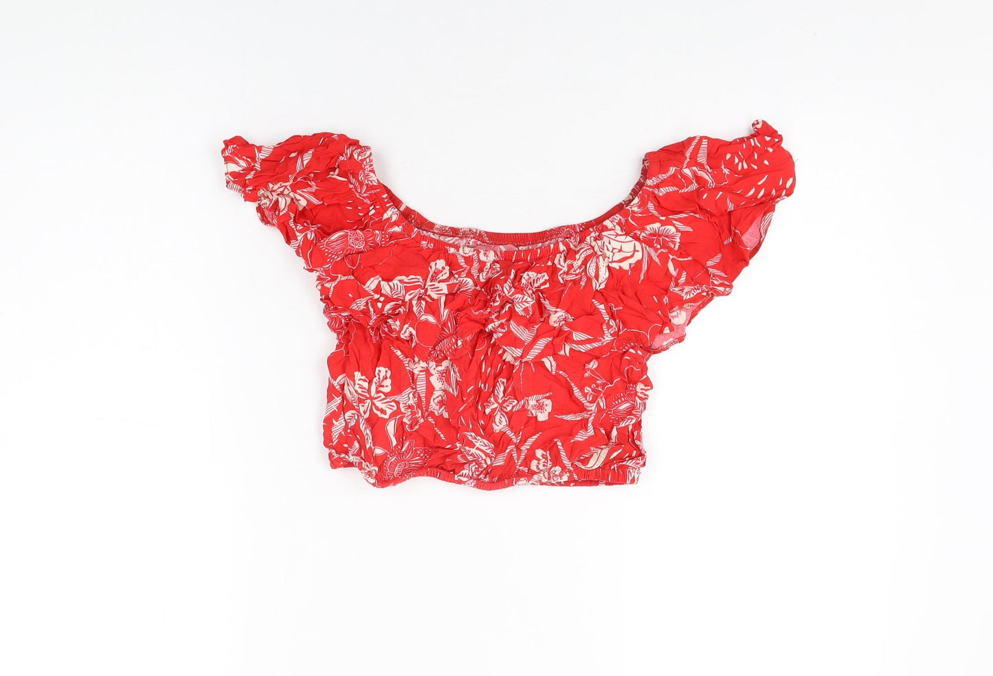 New Look Womens Red Floral Viscose Cropped T-Shirt Size 6 Off the Shoulder