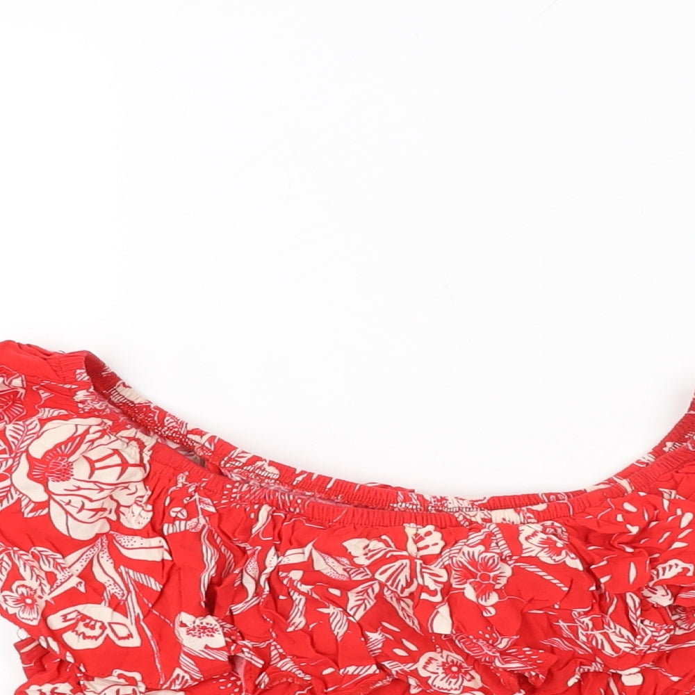 New Look Womens Red Floral Viscose Cropped T-Shirt Size 6 Off the Shoulder