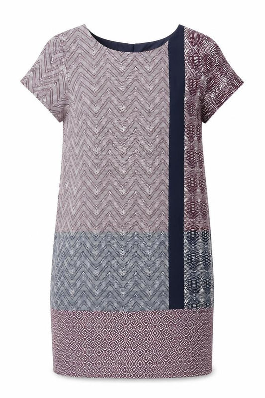 Front view of Next women’s multicoloured geometric polyester shift, size UK 6, round neck zip