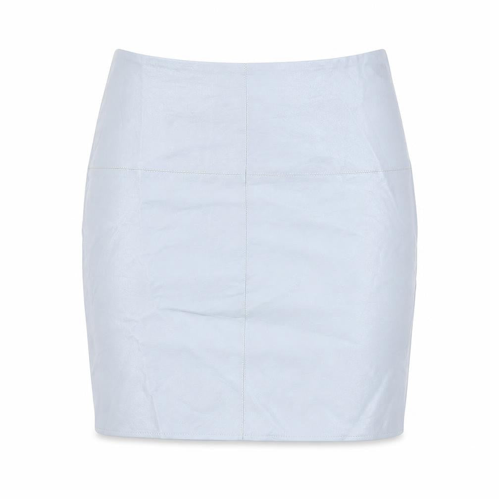 Front view of Missguided women’s blue polyurethane mini skirt, size UK 6, zip
