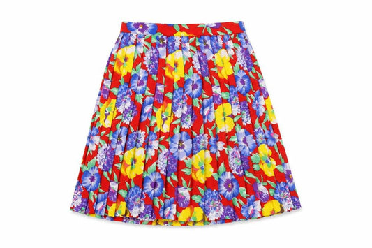 Front view of St Michael women’s red floral polyester swing skirt, size UK 10, zip