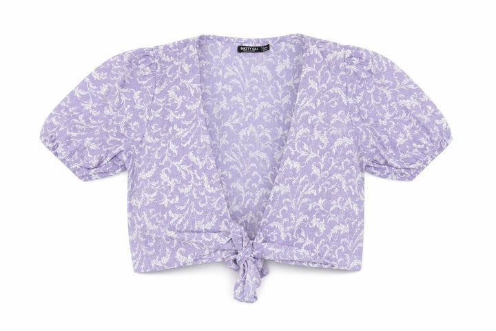 Nasty Gal Womens Purple Floral Polyester Wrap T-Shirt Size 8 V-Neck