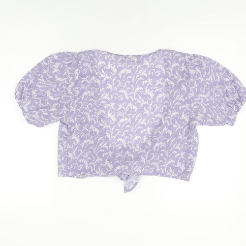 Nasty Gal Womens Purple Floral Polyester Wrap T-Shirt Size 8 V-Neck