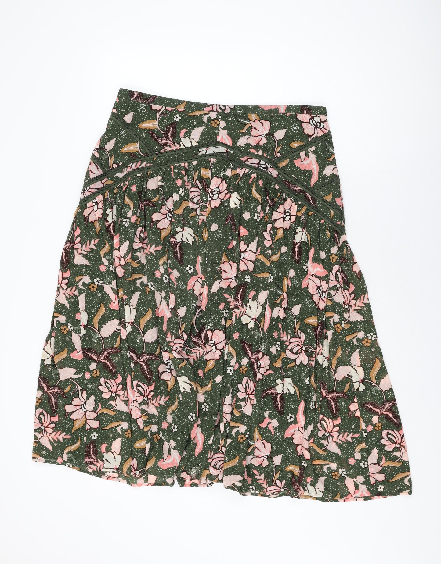 Per Una Womens Green Floral Cotton Swing Skirt Size 16 Zip