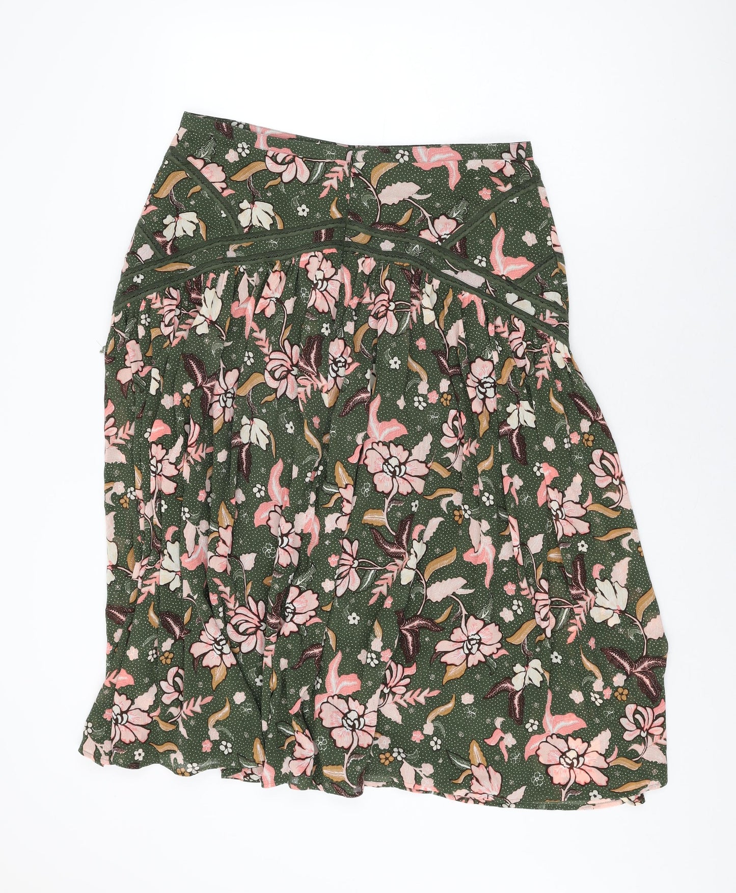 Per Una Womens Green Floral Cotton Swing Skirt Size 16 Zip