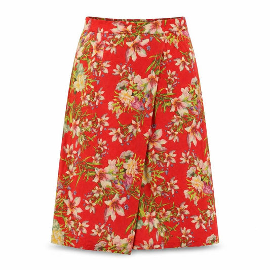Front view of Simply Be women’s red floral polyester wrap skirt, size UK 12