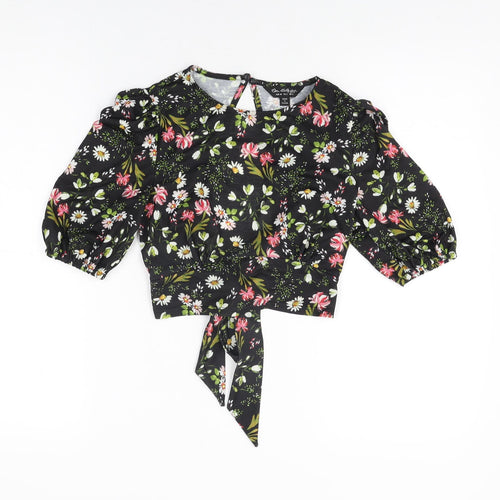 Miss Selfridge Womens Black Floral Polyester Cropped T-Shirt Size 6 Round Neck