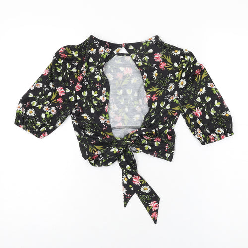 Miss Selfridge Womens Black Floral Polyester Cropped T-Shirt Size 6 Round Neck