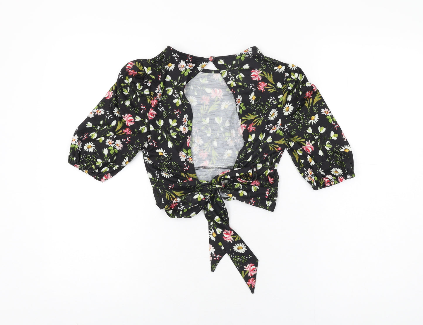Miss Selfridge Womens Black Floral Polyester Cropped T-Shirt Size 6 Round Neck