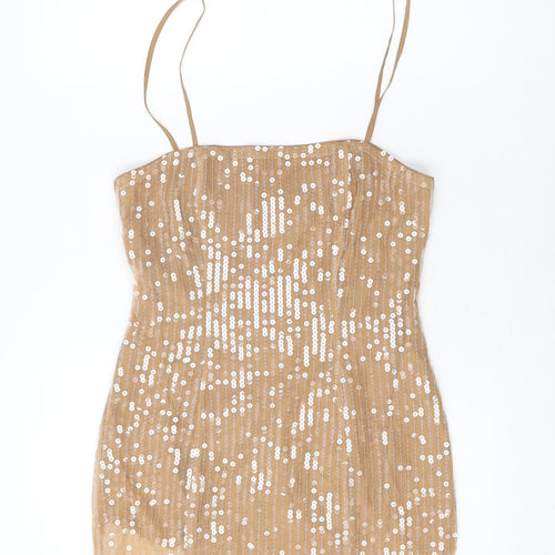 Boohoo Womens Beige Polyester Basic T-Shirt Size 10 Square Neck - Sequins