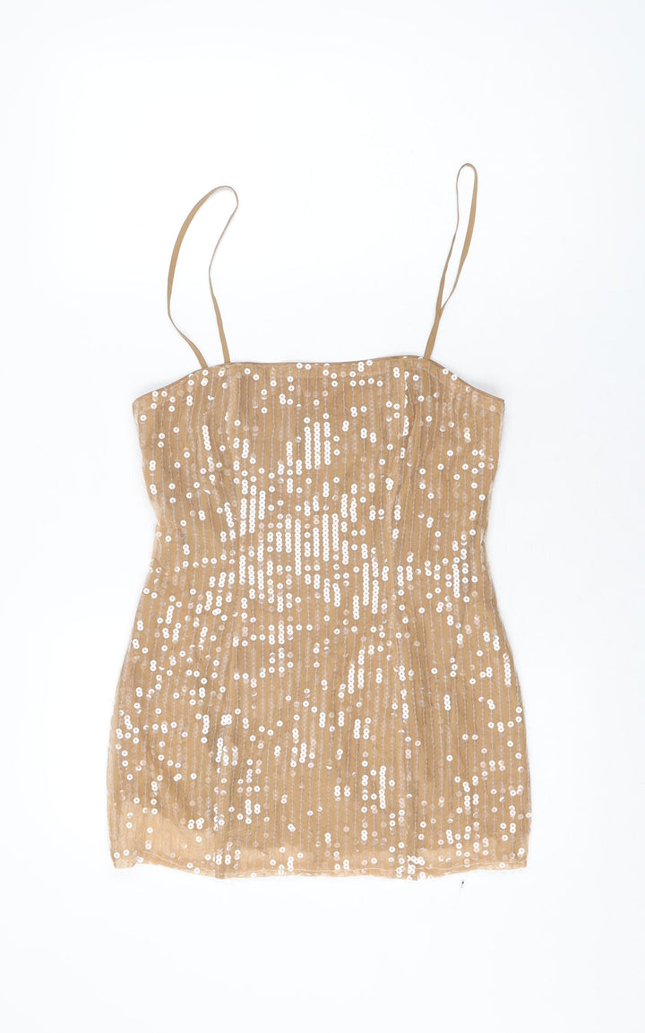 Boohoo Womens Beige Polyester Basic T-Shirt Size 10 Square Neck - Sequins