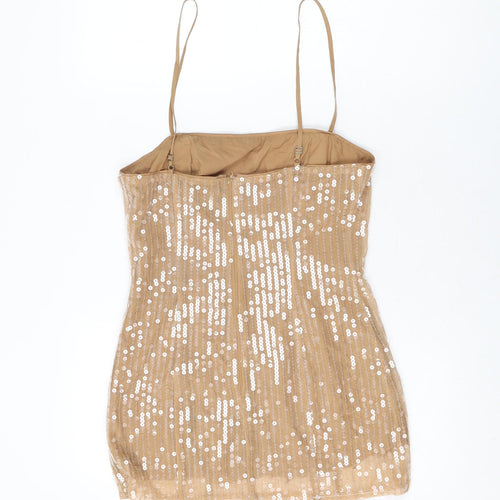 Boohoo Womens Beige Polyester Basic T-Shirt Size 10 Square Neck - Sequins