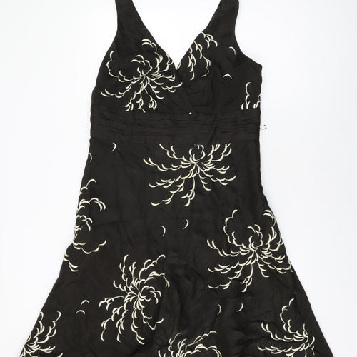 Monsoon Womens Brown Floral Linen A-Line Size 16 V-Neck Zip