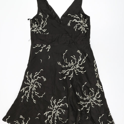 Monsoon Womens Brown Floral Linen A-Line Size 16 V-Neck Zip