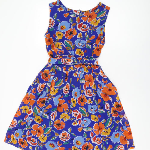 Dickins & Jones Womens Blue Floral Polyester A-Line Size 10 Round Neck Zip