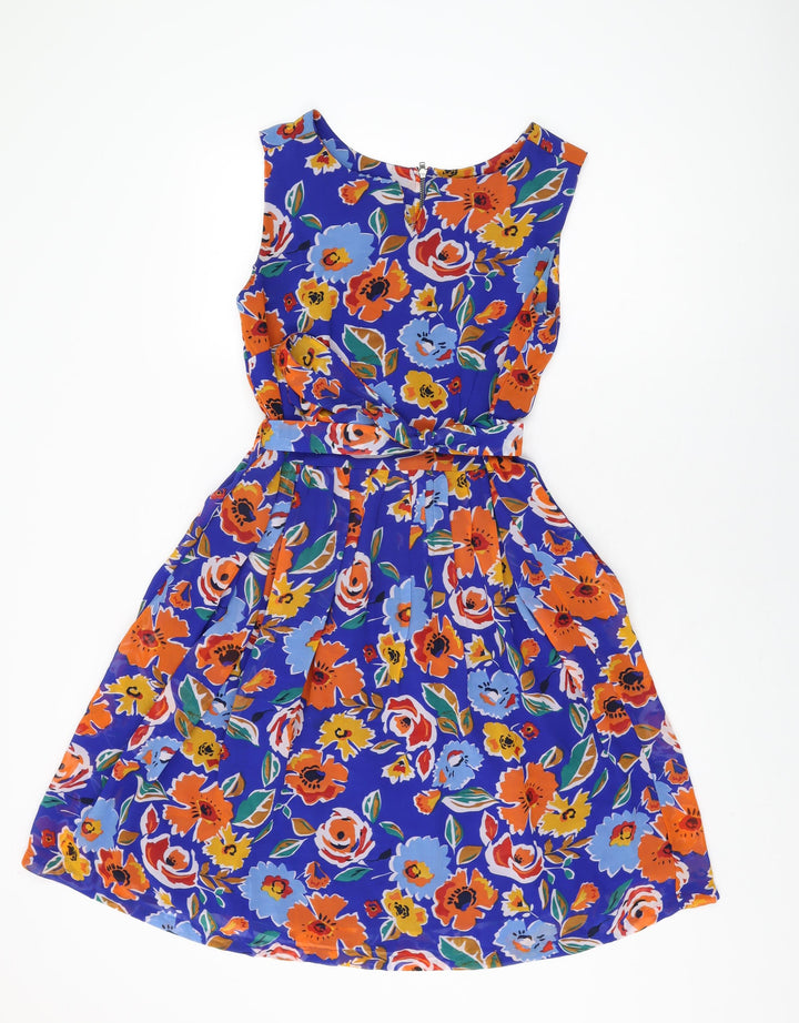 Dickins & Jones Womens Blue Floral Polyester A-Line Size 10 Round Neck Zip