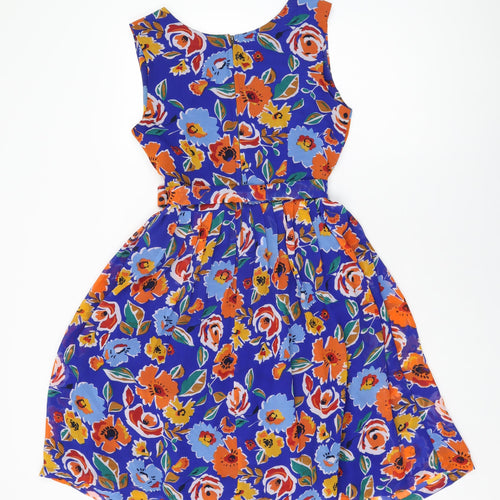 Dickins & Jones Womens Blue Floral Polyester A-Line Size 10 Round Neck Zip
