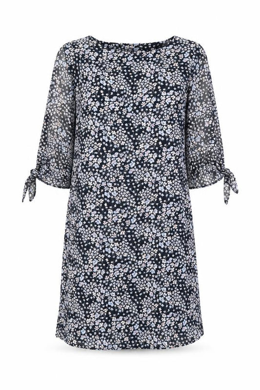 Front view of H&M women’s blue floral viscose shift, size UK 8, round neck pullover