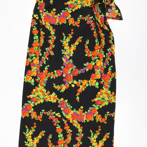 Jer-Sea Womens Black Floral Polyester Wrap Skirt Size 14 Button