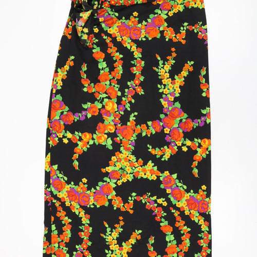Jer-Sea Womens Black Floral Polyester Wrap Skirt Size 14 Button