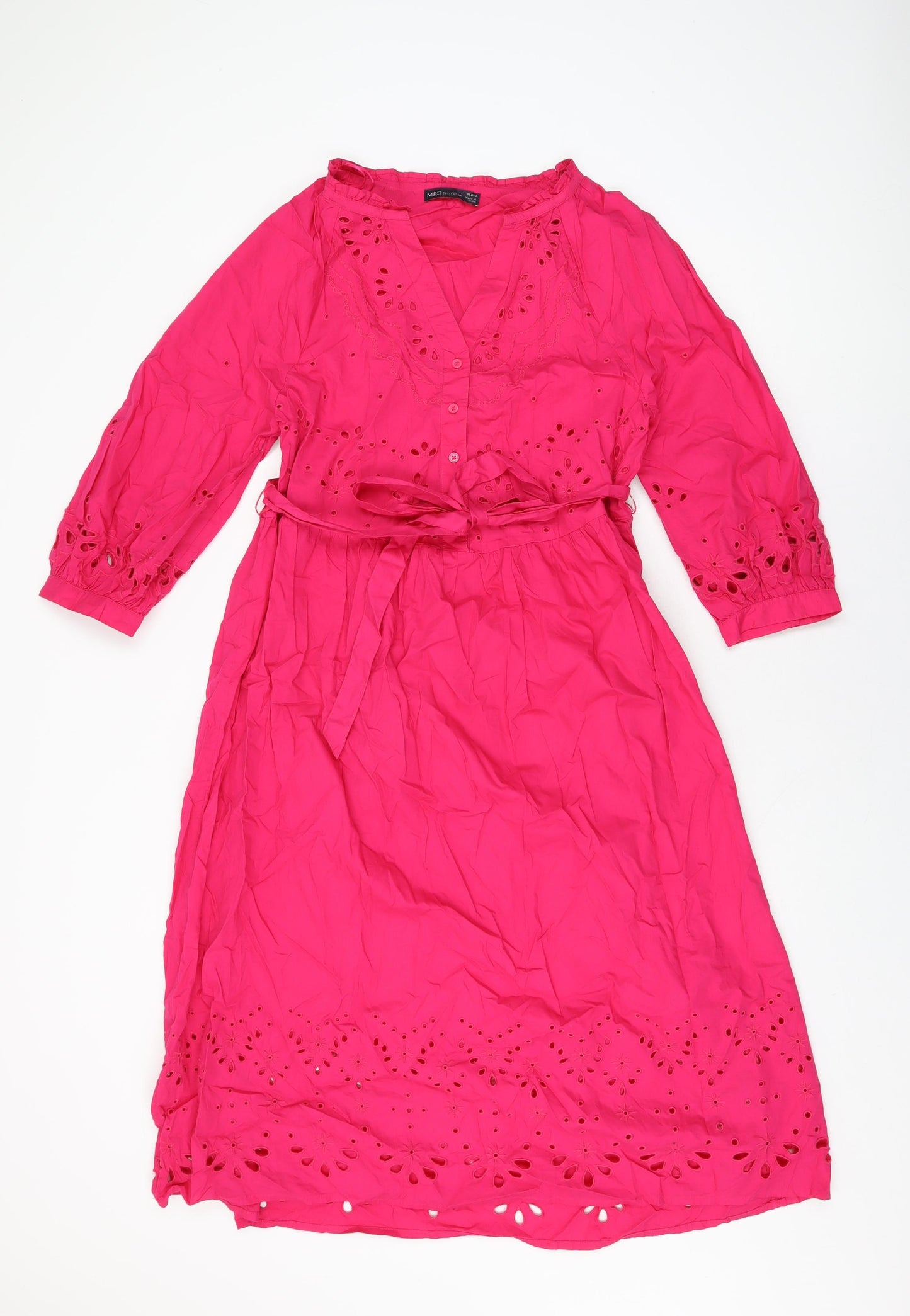 Marks and Spencer Womens Pink Cotton A-Line Size 12 V-Neck Button