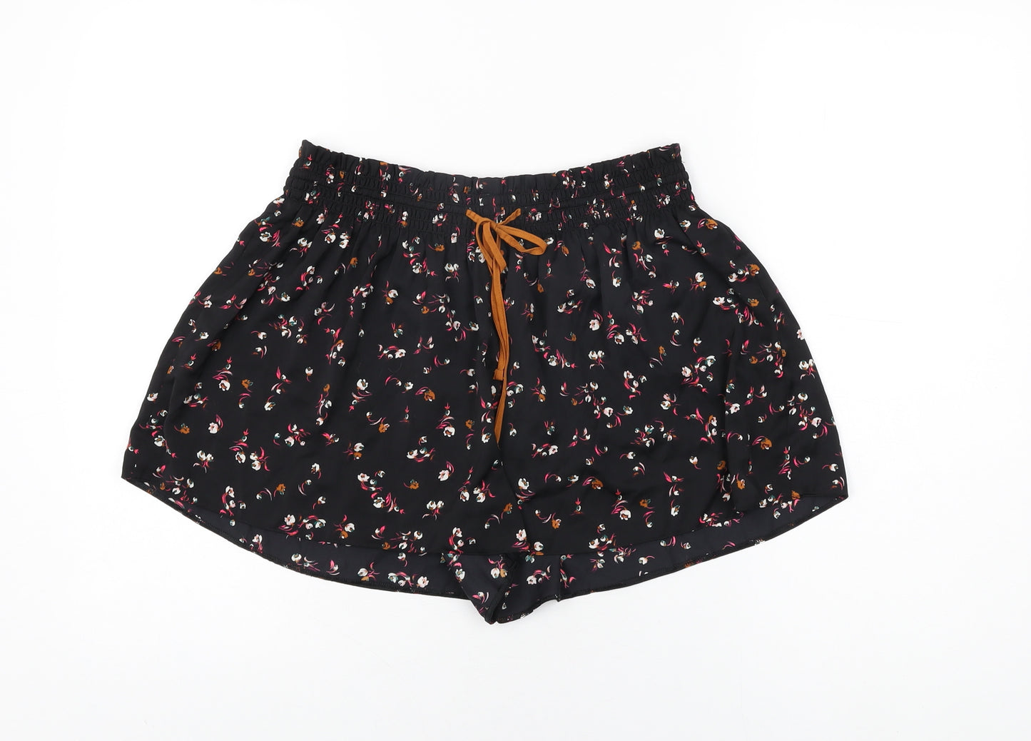 Marks and Spencer Womens Black Floral Polyester Basic Shorts Size 12 L3 in Regular Drawstring