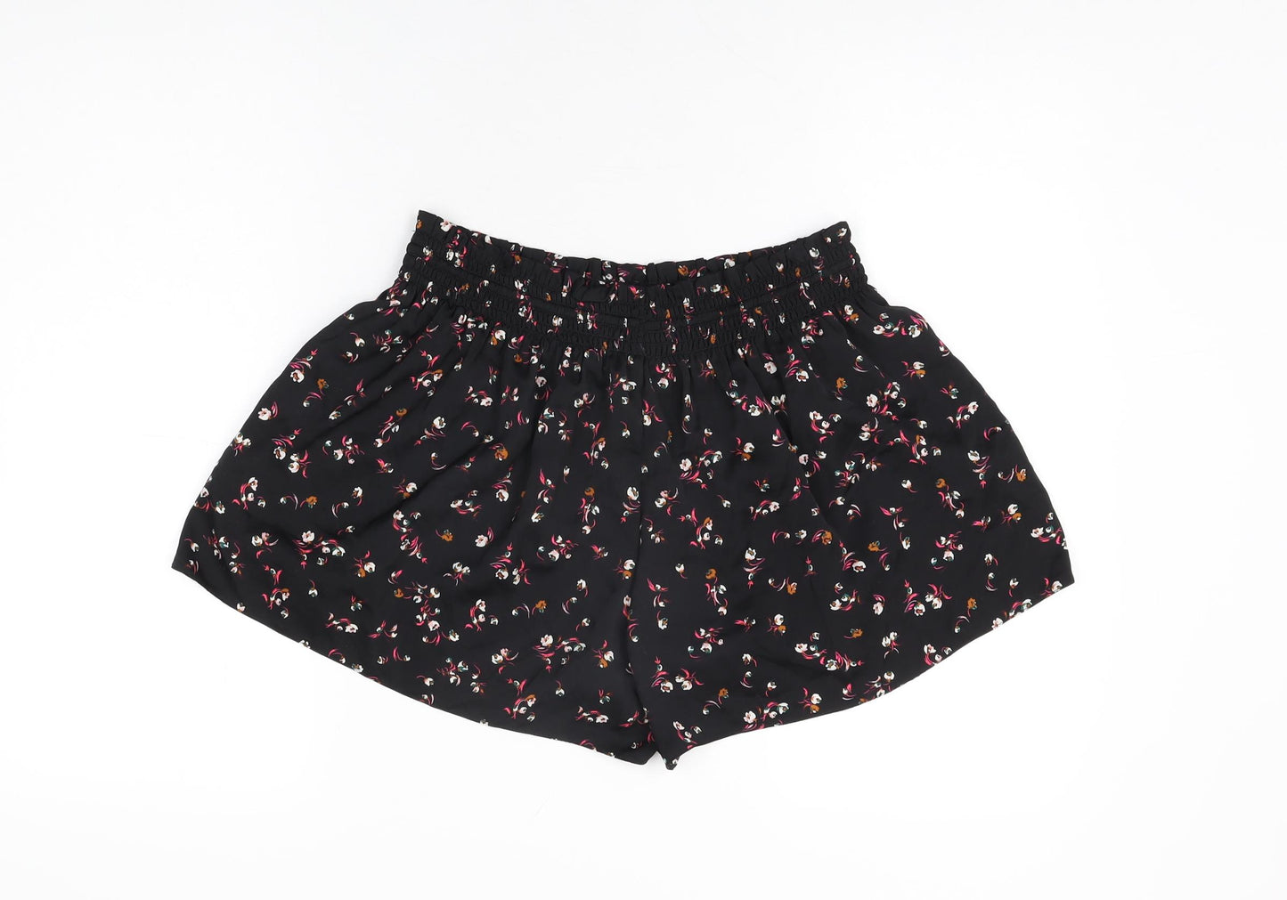 Marks and Spencer Womens Black Floral Polyester Basic Shorts Size 12 L3 in Regular Drawstring