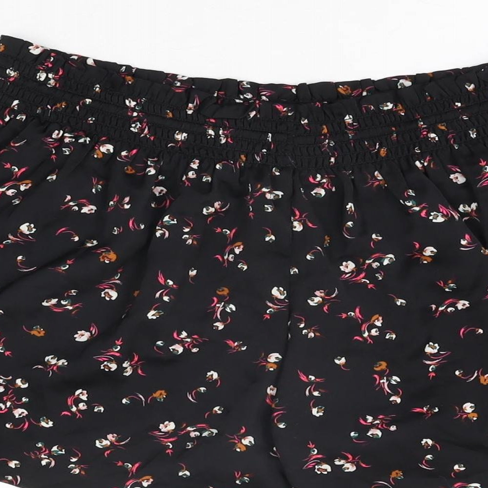 Marks and Spencer Womens Black Floral Polyester Basic Shorts Size 12 L3 in Regular Drawstring