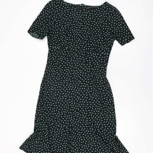 Marks and Spencer Womens Black Geometric Polyester Shift Size 8 Round Neck Zip